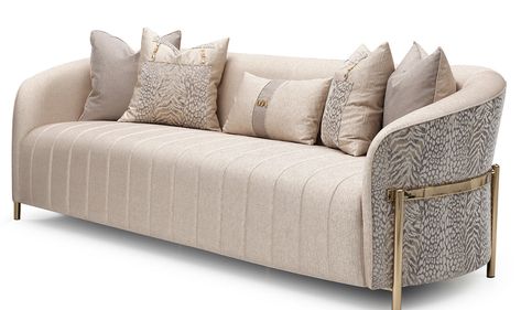 [Description]Introducing the Lisbon Sofa, a perfect blend of contemporary aesthetics and timeless comfort. Embrace the current trend with its fluid, simplistic style that draws inspiration from the latest polishes, textures, and colors of the season. This sofa effortlessly navigates between modern, traditional, art deco, and even futuristic design elements. Crafted with attention to detail, the Lisbon Sofa features golden-finish legs that add a touch of luxury and sophistication. The single cush Modern Sofa Designs Luxury, Italian Luxury Sofa, Sofa Fabric Texture, Modern Sofa Sets, Italian Sofa Designs, Contemporary Sofa Design, Lobby Hotel, Cornice Design, Art Deco Sofa