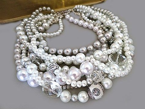 Pearl Statement Necklace, Chunky Bridal Necklace, Wedding Jewellery Choker Grey White Pearls Crystal Rhinestone Necklace