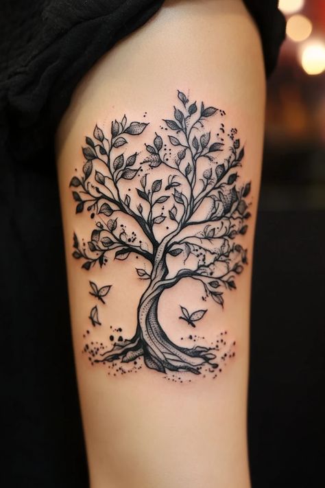 50+ Tree Tattoo Ideas With Deep Roots Tree Of Life Thigh Tattoo, Tree Tattoo Women, Oak Tree Tattoo For Women, Tree With Birds Tattoo, Tree Tattoo Art, Tree Tattoo Ideas, Roots Tattoo, Tree Tattoos, Tree Tattoo Designs