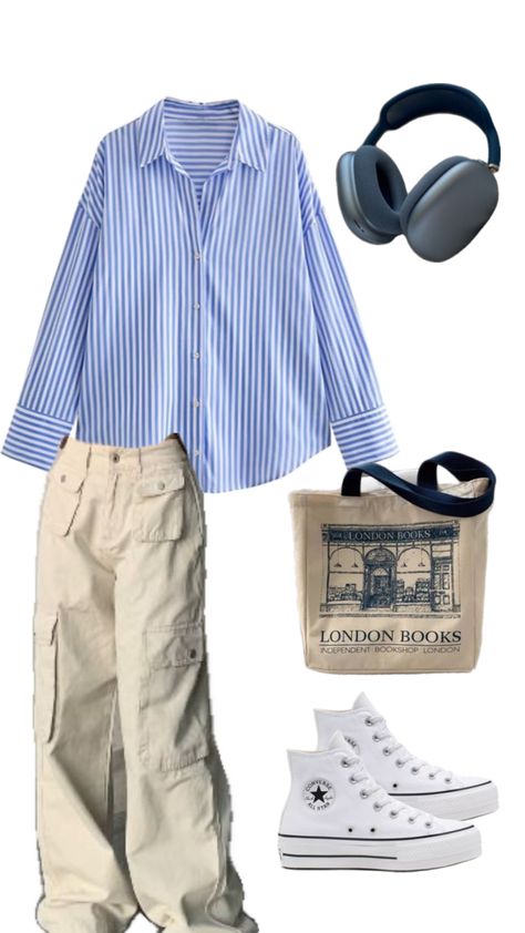 Outfit Ideas Beige, Converse Outfit Ideas, Beige Cargos, Blue Headphones, Shirt Outfit Ideas, Cargo Outfit, Converse Outfit, Beige Outfit, Outfits With Converse