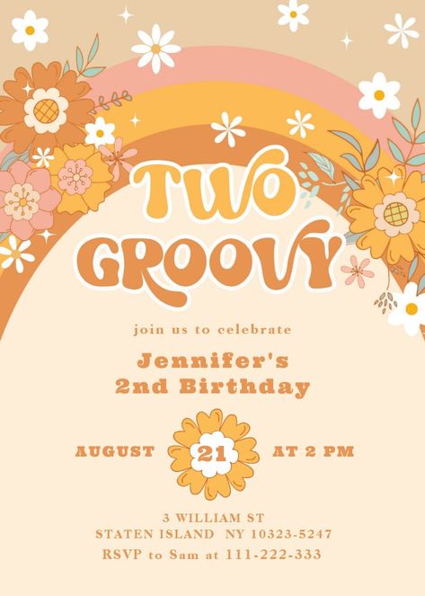 Two groovy retro birthday Invitation Groovy One Invite, Groovy One Invitations, Two Groovy Invitation, Retro Birthday Invitation, Groovy Party Theme Invitation, Groovy Birthday Invitation, Lets Get Groovy Invitation, Two Groovy Birthday, Two Groovy