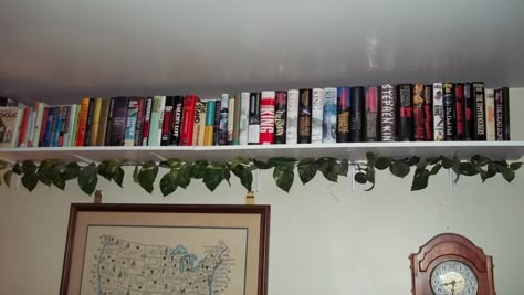 Bookshelf around the room along the ceiling Bookshelf Along Ceiling, Shelves Along Ceiling, Books Above Tv, Wrap Around Bookshelf, Shelves Around Room Ceilings, Bookshelf Above Window, Shelf Near Ceiling, Ceiling Bookshelf Wrap Around, Shelf Around Top Of Room