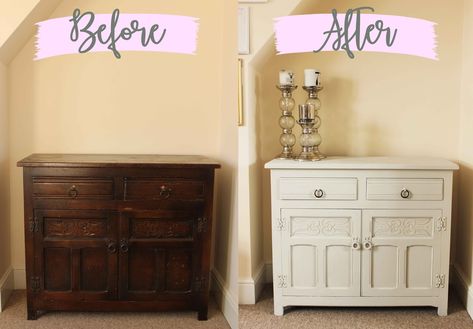 Upcycling a vintage wooden cabinet with Rust-Oleum Chalky Finish Furniture Paint in Winter Grey. Upcycled Dark Wood Furniture, Furniture Images, Dark Wood Furniture, Painting Wood Furniture, Blue Lounge, Dark Wood Cabinets, Small Nurseries, Wooden Cabinet, Upcycling Ideas