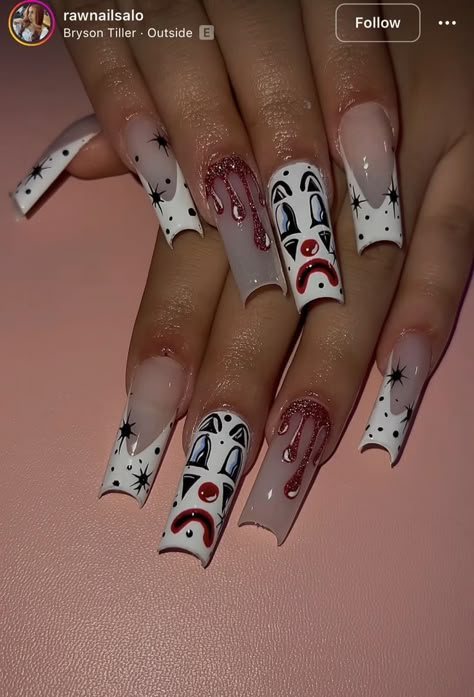 Fall Acrylic French Tips, Clown Acrylic Nails, Clown Nails Acrylic, Chicano Nails Designs, Smile Now Cry Later Nails, Chicana Nails Acrylic, Clown Nails Designs, Chola Nails Designs, Chola Nails Acrylic