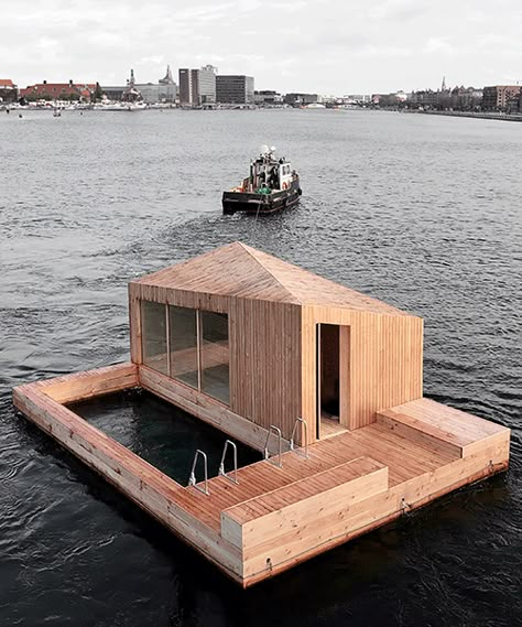 Floating Tiny House, Sauna Architecture Design, Boat Architecture, Floating Sauna, Floating Homes, Sauna Architecture, Boat House, Mobile Sauna, Floating Raft