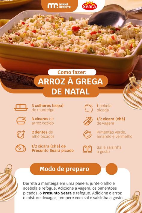 O arroz à grega de Natal é uma receita que não pode faltar para sua ceia! #minhareceita | pratos para ceia de natal | ceia de natal ideias | receitas de natal | ideias de pratos para ceia de natal | ceia natalina cardapio | cardapio de natal | peru de natal | receitas natalinas | comidas para natal | food astethic | novas receitas | receitas de arroz | arroz diferente Food Astethic, Recipe Book, Peru, Plant Based, Food And Drink, Yummy Food, Rice, Drinks, Christmas