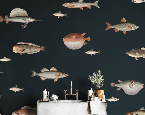 Dark Fish Wallpaper for Feature Wall Whimsical Design - Etsy Ecuador Wes Anderson House, Interior Design Content, Cowboy Wallpaper, Sea Life Wallpaper, Sideboard Ideas, Light Walls, Fish Room, Lake House Bathroom, Charcoal Walls