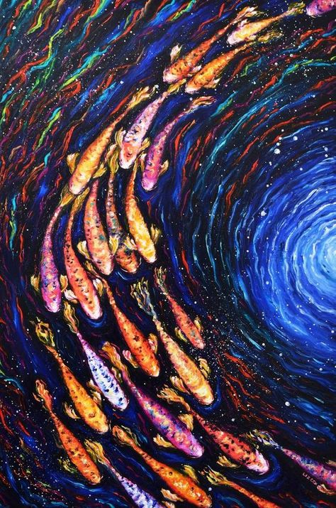 Fish Paintings, Koi Painting, Sea Creatures Art, Koi Art, Moon Dance, Dance Paintings, Psy Art, Ocean Canvas, Expressive Art