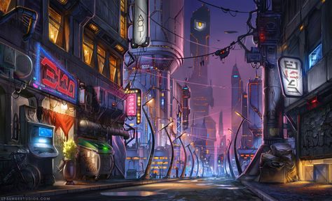 ArtStation - Stylized Cyberpunk Street Concept, Benjamin Roach [Upsurge Studios] Cyberpunk Building, Isometric Animation, Cyberpunk Dystopia, Cyberpunk Street, World Building Ideas, Futuristic World, 3d Isometric, Concept Art Tutorial, Star Wars Concept Art