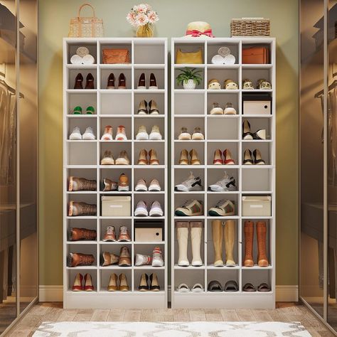 This tall shoe cabinet with 30 cubbies is sufficient to store flats, sneakers, and high heels, you can also remove some shelves to store tall boots. Suitable for men's and women's sizes! （Please note that if your shoes are bigger, we recommend one cubby to place one shoe that will be better.） White Wooden Shoe Rack, Tall Shoe Cabinet, Shoe Storage Containers, Wooden Shoe Rack, Wooden Shoe Storage, Shoe Organizer Entryway, Closet Storage Systems, Wood Shoe Rack, Shoe Rack Closet