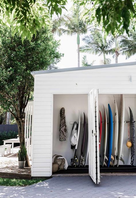 Keen to extend your home’s footprint but in a non-obtrusive way? A multi-purpose garden shed could be the answer. Garden Shed Design, Outdoor Storage Ideas, Surfboard Storage, Garden Winter, Outdoor Storage Solutions, Outdoor Living Rooms, Surf House, Shed Design, Decks And Porches