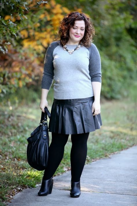 What I Wore: Time for Tights - Wardrobe Oxygen Sweater Leather Skirt, Skirt Tights, Baseball Sweater, Feels Like Fall, Full Figure Fashion, Fashion Petite, Grown Women, Fashion Tights, Shopping Tips