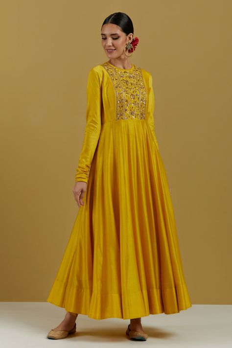 Shop for these amazing collections of Yellow Chanderi Hand Embroidered Sequin And Cutdana Work Panel Anarkali For Women by Ikshita Choudhary online at Aza Fashions. Panel Anarkali, Churidar Sleeves, Yellow Anarkali, Silk Anarkali, Indian Dresses Traditional, Kurta With Pants, Anarkali Dress, Designer Dresses Indian, Churidar