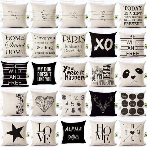 Letter Love, Letter Pillows, Black And White Pillows, White Pillow Covers, White Pillow, Sofa Throw Pillows, Linen Throw, Love Home, Linen Cushion