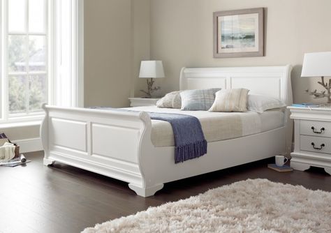 White Sleigh Bed, Wooden Sleigh Bed, White Wooden Bed, Sleigh Bed Frame, French Style Bed, White Bed Frame, Sleigh Bed, White Bed, Modern Home Furniture