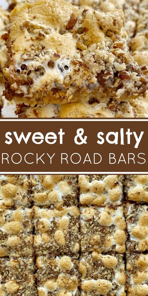 Rocky Road Bars Marshmallows, Yummy Bars Recipes, Sweet And Salty Bars, Desserts Using Pretzels, Layer Bars With Sweetened Condensed Milk, Sweet And Salty Desserts Easy, Sweet And Salty Cookies, Marshmellow Deserts, Pretzel Dessert Recipes