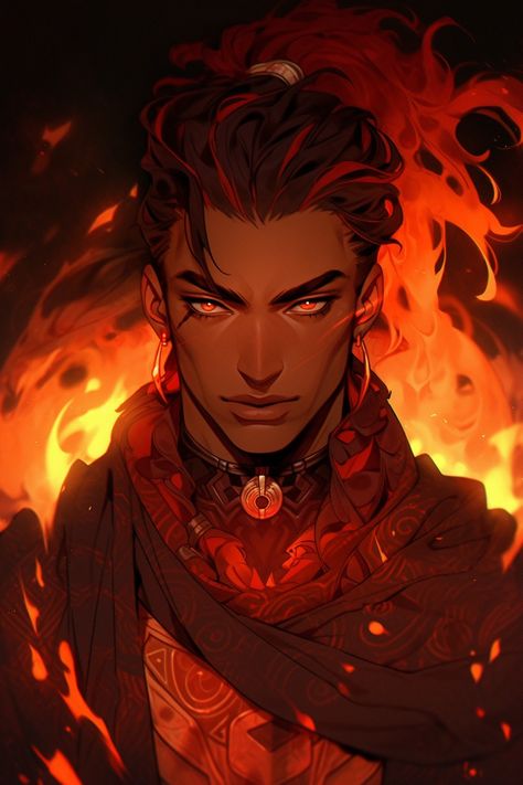 Fire Male Character, Fire God Character Design, Male Character Red Hair, Dnd Fire Genasi Male, Fire Genasi Bard, Fire God Art, Blonde Male Art, Fire Character Art, Fire Character Design Male