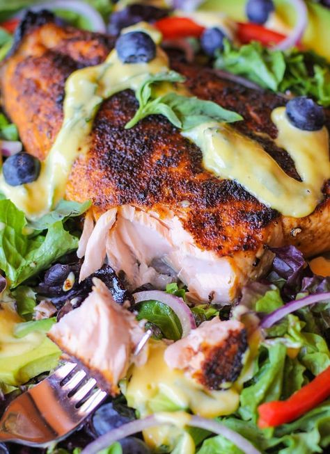 Crispy Jamaican Jerk Salmon with Mango-Basil Vinaigrette - The Roasted Root Jerk Salmon, Garlic Butter Salmon, Basil Vinaigrette, Jamaican Dishes, Resep Salad, Jamaican Jerk, Best Salad Recipes, Healthy Summer Recipes, Jamaican Recipes