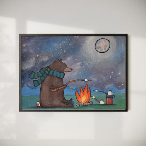 Camping Friends, Friend Painting, Colorful Area Rug, Blue Picture Frames, Faux Fur Rug, Print Display, Fur Rug, Art Print Display, Wood Lamps