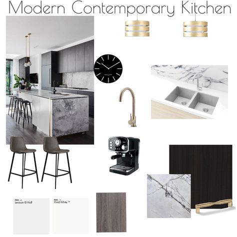 Comtempary House Design, Kitchen Moodboard Interior Design Modern, Contemporary Kitchen Mood Board, Kitchen Sample Board Interior Design, Marble Mood Board Interior Design, Modern Contemporary Mood Board, Comtempary House, White Kitchen Interior Design, Contemporary Kitchen Interior