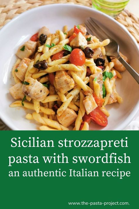 Strozzapreti with swordfish is a delicious example of how Southern Italians pair pasta with swordfish. It's full of typical Mediterranean flavours and very easy to make! #pasta #strozzapreti #swordfish #siciliancuisine #italianpasta #seafood #authenticitalianpasta #thepastaproject Swordfish Salad Recipe, Swordfish Pasta Recipe, Leftover Swordfish Recipes, Swordfish Pasta, Easy To Make Pasta, Winter Pasta Recipes, Italian Pasta Recipes Authentic, Seafood Pasta Dishes, Winter Pasta