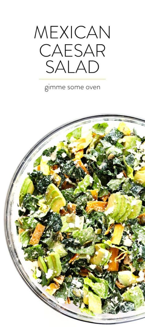 Mexican Caesar Salad, Tortilla Strips, Mexican Salads, Classic Caesar Salad, Caesar Salad Dressing, Caesar Salad Recipe, Gimme Some Oven, Cotija Cheese, Caesar Salad