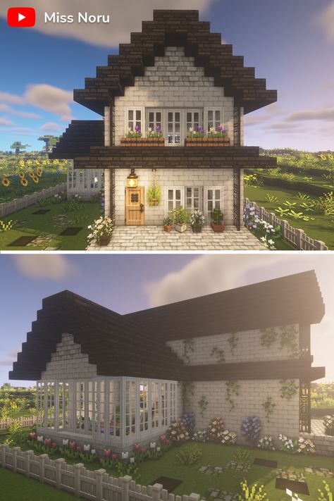 Cute White Brick Minecraft House Build Minecraft Houses With Brick, Sunroom Minecraft, Minecraft Mizunos House, Mizuno Craft House, Minecraft Houses Mizuno, Black And White Minecraft House, Mizuno Minecraft Houses, Minecraft Building Ideas Aesthetic House, Mizuno Minecraft Builds