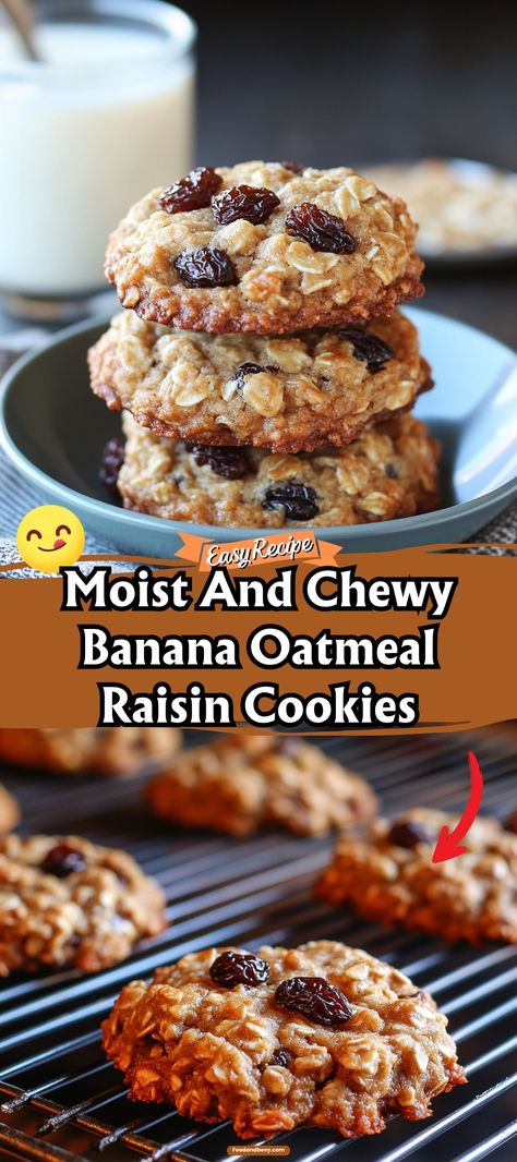 Enjoy a wholesome snack with these Moist and Chewy Banana Oatmeal Raisin Cookies. Packed with ripe bananas, hearty oats, and sweet raisins, they're a perfect blend of taste and texture for any time of the day. #BananaCookies #OatmealRaisin #HealthySnacks Banana Raisin Cookies, Ripe Banana And Oats Recipes, Banana Oats Cookies, Banana Oatmeal Raisin Cookies, Oat Banana Cookies, Healthy Oatmeal Raisin Cookies, Soft Oatmeal Raisin Cookies, Cookies With Raisins, Oatmeal Raisin Cookies Healthy