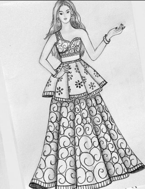 Indian Dress Sketch, Indian Dress Drawing, Lehenga Drawing Sketches, Lahenga Design Sketch, Indian Dress Sketches Pencil, Lehenga Illustration Sketch, Frocks For Women Party, Dress Illustration Design, Lehanga Illustration Sketch