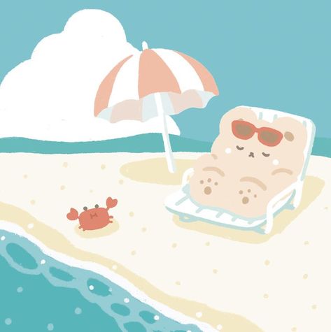 Beach Cute Drawing, Cute Summer Illustration, Night Goblin, Korean Bear, Baby Kingdom, Travel Doodles, Kawaii Summer, Summer Drawings, Chibi Wallpaper