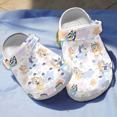 Ultimate Clogs Destination - Design by Crocodile Cute Shoe Designs, Bluey Painted Shoes, Bluey Custom Shoes, Blue Custom Crocs, Bluey Shoes, Bluey Clothing, Blue Non-slip Fun Clogs, Slippers For Kids, Blue Crocs