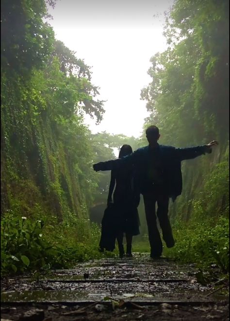 Two people one balancing on train track Dancing Green Aesthetic, People In The Rain Aesthetic, Forest Aesthetic Couple, Anjali Core Aesthetic, Dancing In A Forest, Dancing In The Forest Aesthetic, Two People Dancing Aesthetic, Jasleen Core, Forest Couple Aesthetic