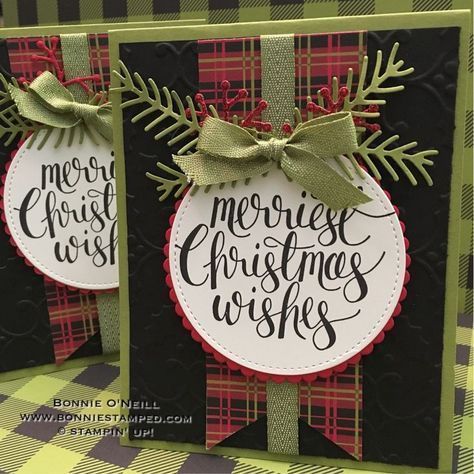 #prettypines #watercolorchristmas #bonniestamped #christmascardclub #stampinup Christmas Cards Handmade Stampin Up Stamp Sets, Tartan Christmas Cards, Christmas Pines Stampin Up Cards, Christmas Cards 2017, Christmas Cards 2018, Homemade Christmas Cards, Stampin Up Christmas Cards, Xmas Card, Stampin Up Christmas