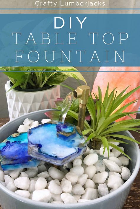 Diy Desktop Water Fountain, Indoor Water Fountains Bedroom, Diy Fountain Ideas Indoor, Desktop Fountain, Diy Indoor Fountain Waterfall, Table Top Water Fountain Diy, Tabletop Fountain Diy, Table Top Fountains, Planted Fountain