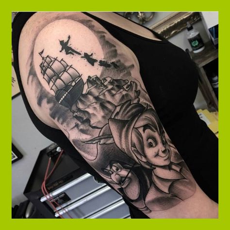 Peter Pan and Captain Hook tattoo. This convinces me, next tattoo may have to be a Disney tattoo #disney #tattoo Captain Hook Ship Tattoo, Peter Pan Ship Tattoo, Peter Pan Sleeve Tattoo, Peter Pan Tattoo Sleeve, Captain Hook Tattoo, Peterpan Tattoo, Peter Pan Tattoo Ideas, Danzig Tattoo, Peter Pan Tattoos