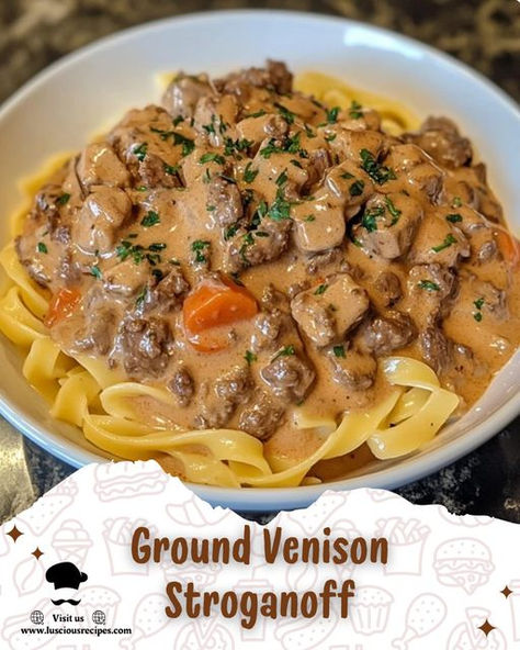 Elevate your dinner with this savory Ground Venison Stroganoff—rich, creamy, and perfect for cozy evenings. Easy to make, delicious, and full of comforting flavors. Ground Venison Stroganoff, Venison Casserole, Venison Stroganoff, Ground Venison Recipes, Ground Venison, Game Meat, Paleo Beef, Stroganoff Recipe, Venison Recipes