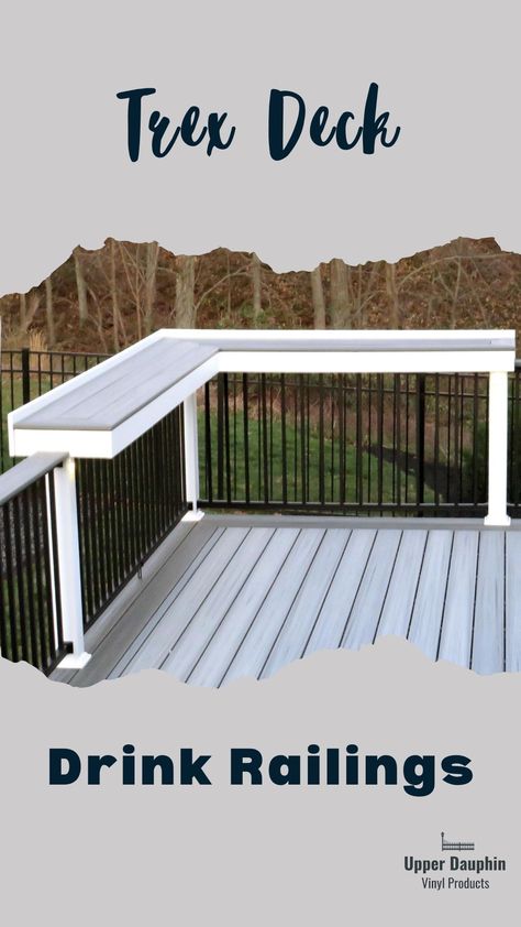 white vinyl deck railing with a gray and white decking on top for a place to set drinks Trex Deck Drink Rail, Grey Deck Railing, Trex Deck Bar Top, Deck Railing With Bar Top, Gray House With Deck, Drink Rail Deck, Trex Patio Ideas, Gray Composite Deck Ideas, Deck Drink Rail