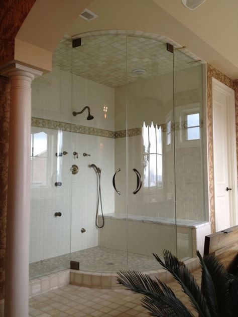 This is certainly an exquisite Shower Enclosure. Steam Shower Enclosure with Double Curved/Bent Doors by Alluring Glass, Inc. Steam Shower Enclosure, Shower Door Installation, Window In Shower, Steam Shower, Steam Showers, Bunk House, Glass Shower Doors, Shower Door, Shower Stall