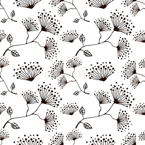 Seamless vector floral pattern. Hand drawn black and white background with flovers and leaves. vector illustration Arm Cuff Jewelry, Leaves Illustration, Mandala Design Pattern, Black And White Background, Pattern Play, Black N White, Floral Illustrations, Border Design, Floral Patterns