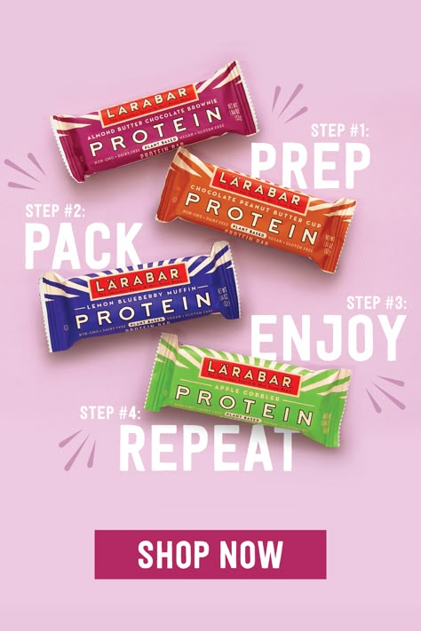 Prep. Pack. Enjoy. Repeat. LÄRABAR Protein is the perfect simple snack to pack with you wherever you go. Powered by 11 grams of plant-based protein and non-GMO, the choice is easy. Ad Ideas, Lara Bars, Email Blast, Food Graphic Design, Health Nut, Protein Bar, Food Poster Design, Food Ads, Motion Graphics Design