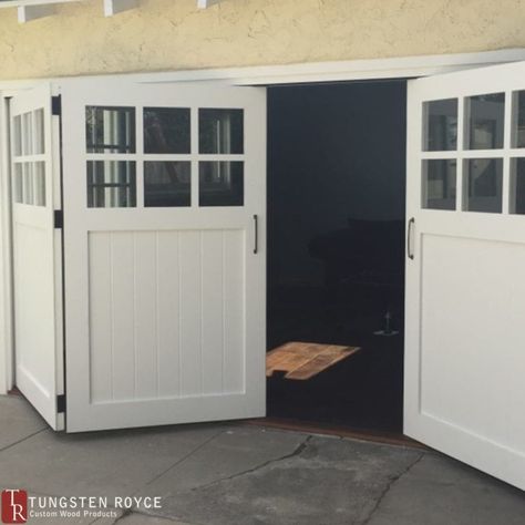 The Basics Of Bifold Doors | Tungsten Royce Exterior Bifold Doors, Bifold Garage Doors Diy, Folding Garage Doors, Carriage Garage, Building Garage, Side Hinged Garage Doors, Sliding Garage Doors, Garage Door House, Carriage House Doors