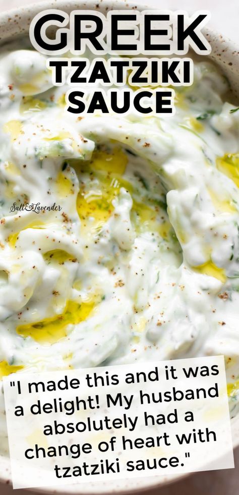 closeup of a bowl of dip with text overlay that reads greek tzatziki sauce - "I made this and it was a delight! My husband absolutely had a change of heart with tzatziki sauce." Easy Taziki Sauce, Taziki Recipe, Tzatziki Sauce Recipe Easy, Greek Tzatziki, Tzatziki Recipe, Tzatziki Sauce Recipe, Mediterranean Diet Recipes Dinners, Homemade Tzatziki Sauce, Tzatziki Recipes