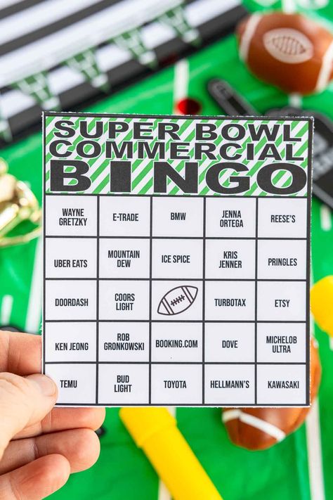 These Super Bowl commercial bingo cards are one of the best Super Bowl party games ever! Just print out the printables, hand out on Super Bowl Sunday, watch the funny (and not so funny commercials) and plays! One of our favorite Super Bowl party ideas! Super Bowl Commercial Bingo, Super Bowl Trivia, Super Bowl Activities, Name That Tune Game, Super Bowl Bingo, Superbowl Squares, Party Games Group, Superbowl Party Games, Superbowl Game