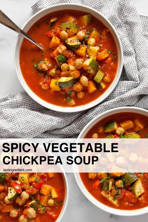 Spicy Chickpea Soup Recipes, Vegetable Chickpea Soup, Chickpea Vegetable Soup, Spicy Chickpea Salad, Chickpea Zucchini Recipes, Chickpea Harissa, Spicy Vegetable Soup, Vegetarian Vegetable Soup, Vegan Bean Recipes