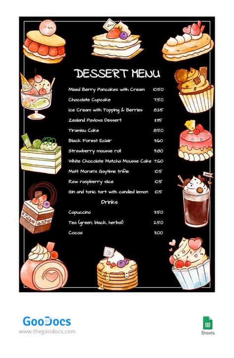 Black Dessert Menu Dessert Menu Design Ideas, Dessert Menu Template, Matcha Mousse, Pavlova Dessert, Restaurant Brochures, Black Dessert, Catering Business Cards, Berry Pancakes, Restaurant Business Cards