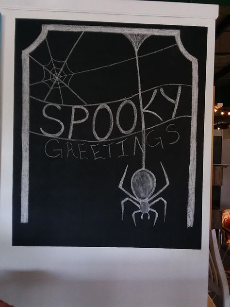 Halloween themed chalkboard design: Spooky Greetings with a spider. Chalkboard Designs, Halloween Stuff, Spooky Season, Halloween Themes, Nook, Chalkboard, Chalkboard Quote Art, Chalk, Pizza