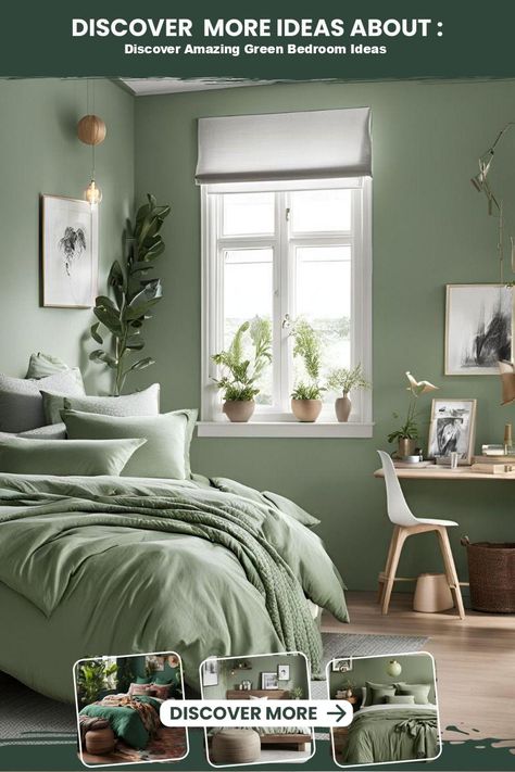 Discover Amazing Green Bedroom Ideas Khaki Bedroom, Green Bedroom Walls, Green Bedrooms, Green Bedroom Ideas, Sage Green Bedroom, Natural Decor, Green Bedroom, Bedroom Walls, Perfect Bedroom