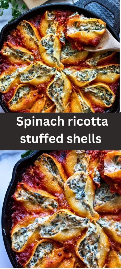 Spinach ricotta stuffed shells Veggie Stuffed Pasta Shells, Cheesy Spinach Stuffed Shells, Ground Turkey Stuffed Shells, Three Course Meal Ideas, Stuff Shells Recipes, Dehydrating Meals, Stuffed Pasta Recipes, Best Stuffed Shells Recipe, Stuffed Shells Recipes