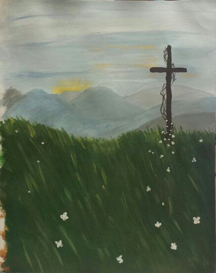 Cross On a Hill Hill Painting Easy, Cross On A Hill Painting, Three Crosses On A Hill Painting, The Cross Painting, Cross Paintings On Canvas, Christian Art Painting, Beautiful Landscape Paintings, Easter Cross, Canvas Quotes