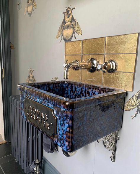 Thomas crapper Harwood basin in Blue Anthracite Cloakroom Tiles, Thomas Crapper, Gold Tiles, Small Downstairs Toilet, Gold Tile, Downstairs Loo, Cloakroom Basin, Downstairs Toilet, Main Bathroom